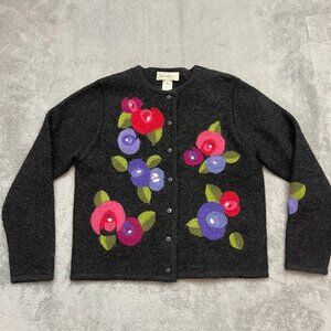 VTG Susan Bristol Hand Embroidered Floral Wool Cardigan Jacket Women's Size M